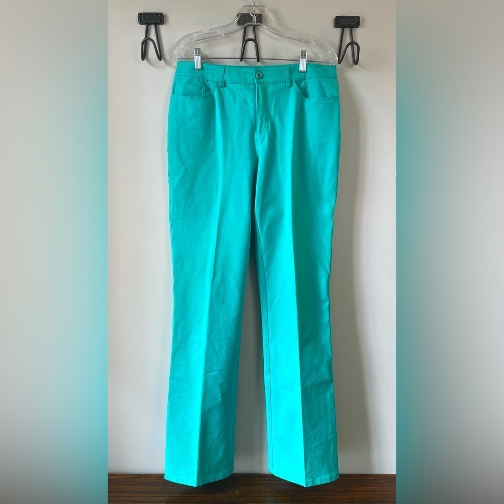 Peace of Cloth, women’s 8, aqua turquoise trousers cotton spandex business work
